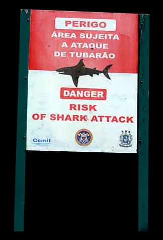 Image of a sign: Danger, area subject to shark attack.