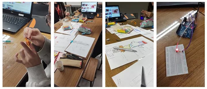 Images showing a table with paper drawings, modeling clay and an Arduino board with LED light