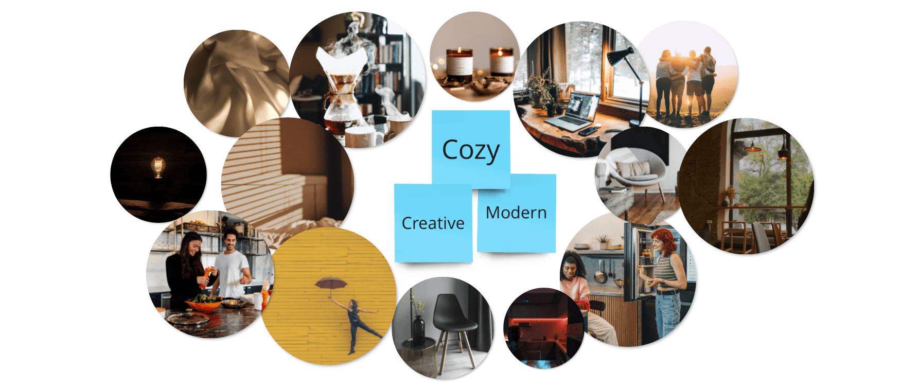 Image with words in the center and several photos around it on a white background