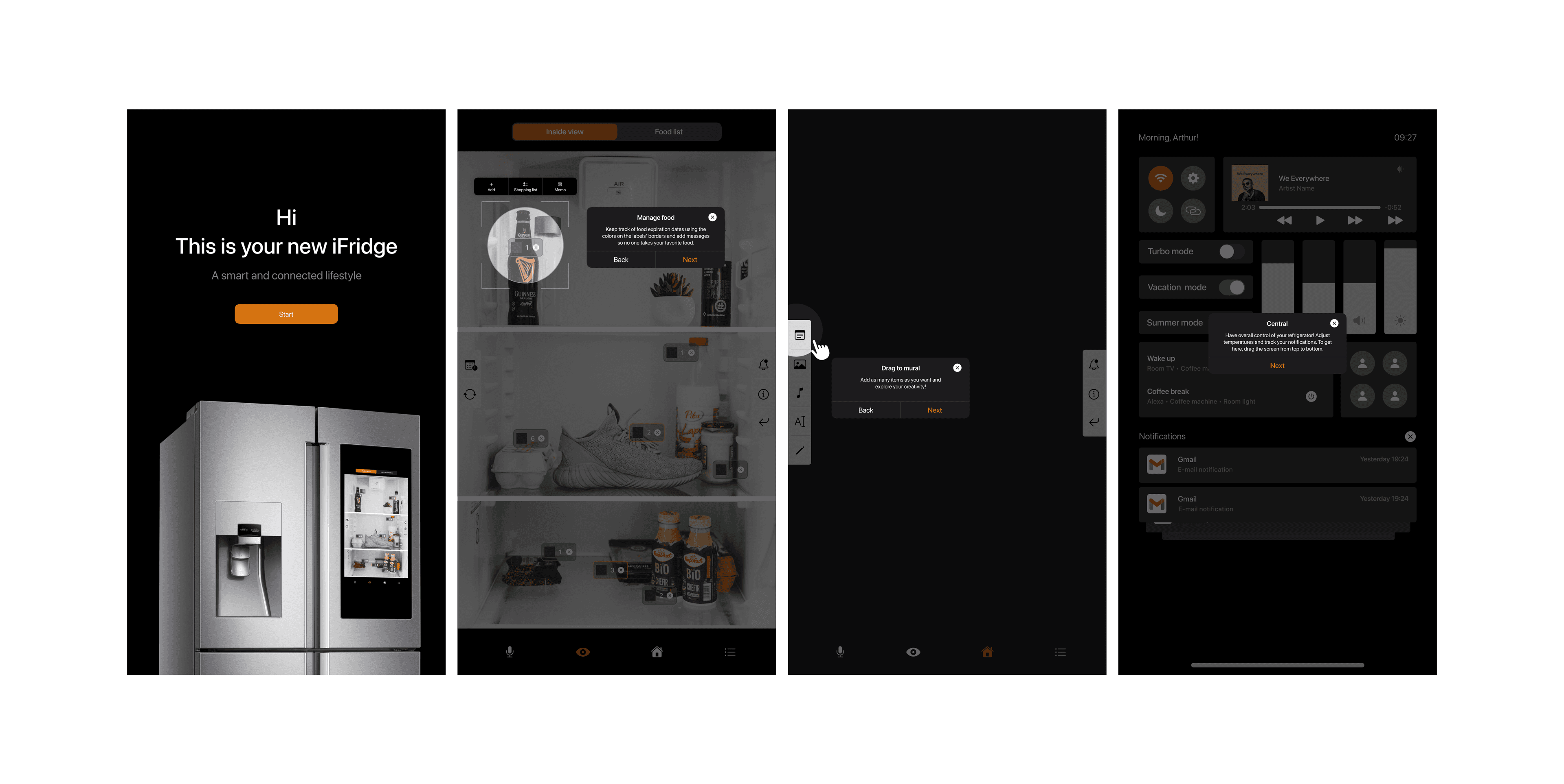 Imagem com quatro telas do sisema da geladeira smart