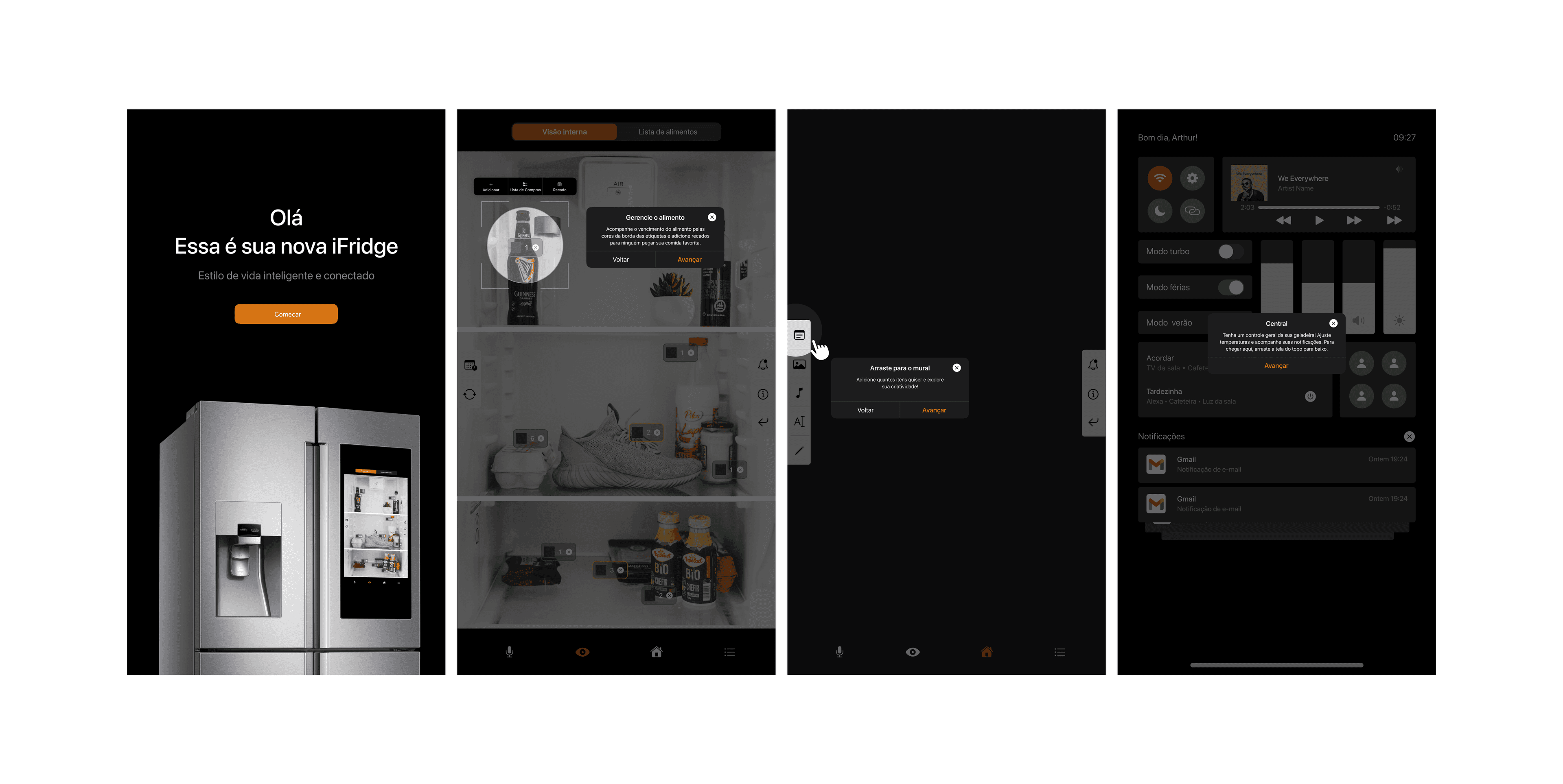 Image with four screens of the smart refrigerator system