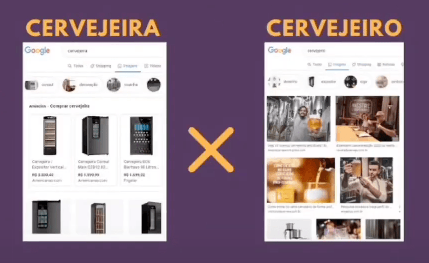 Two images comparing searching cervejeira (the feminine word for brewer) and cervejeiro (the masculine word for brewer) on Google images